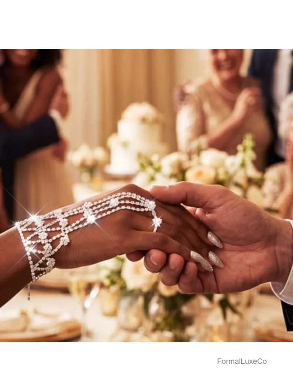 Rhinestone Fingerless Gloves with Hand Chain for Weddings & Prom
